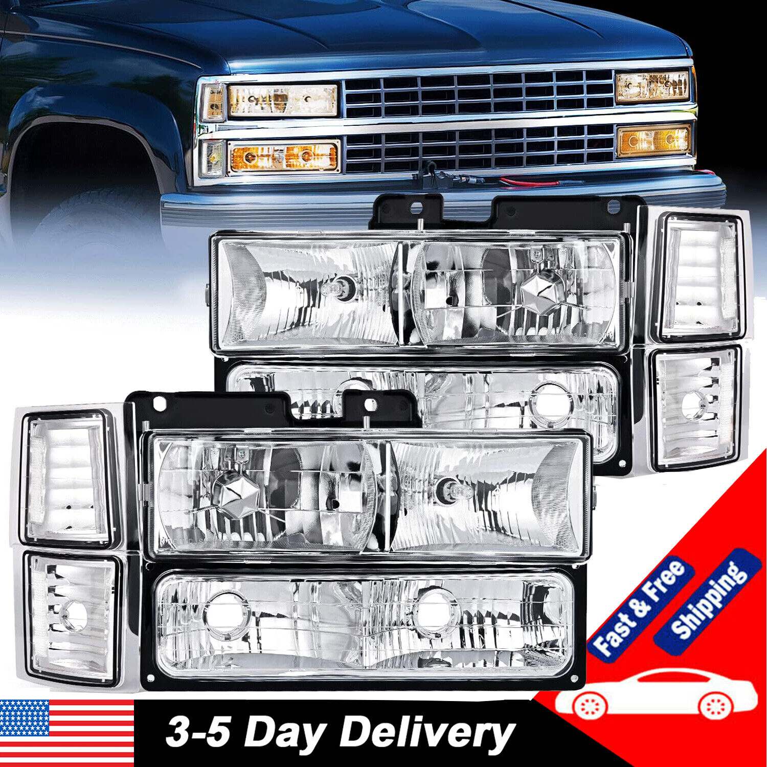 For 1994-1999 Chevy C/K Tahoe Suburban Chrome Headlights + Corner + Bumper Lamps