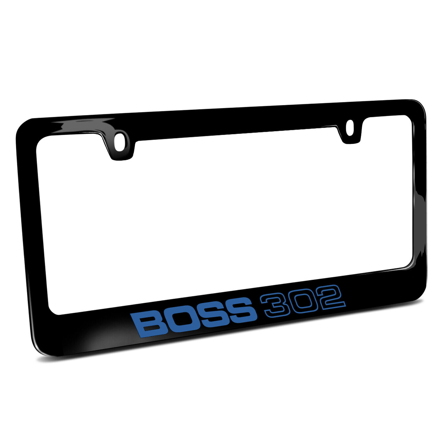 Ford Mustang Boss 302 in Blue Black Metal License Plate Frame, Made in USA