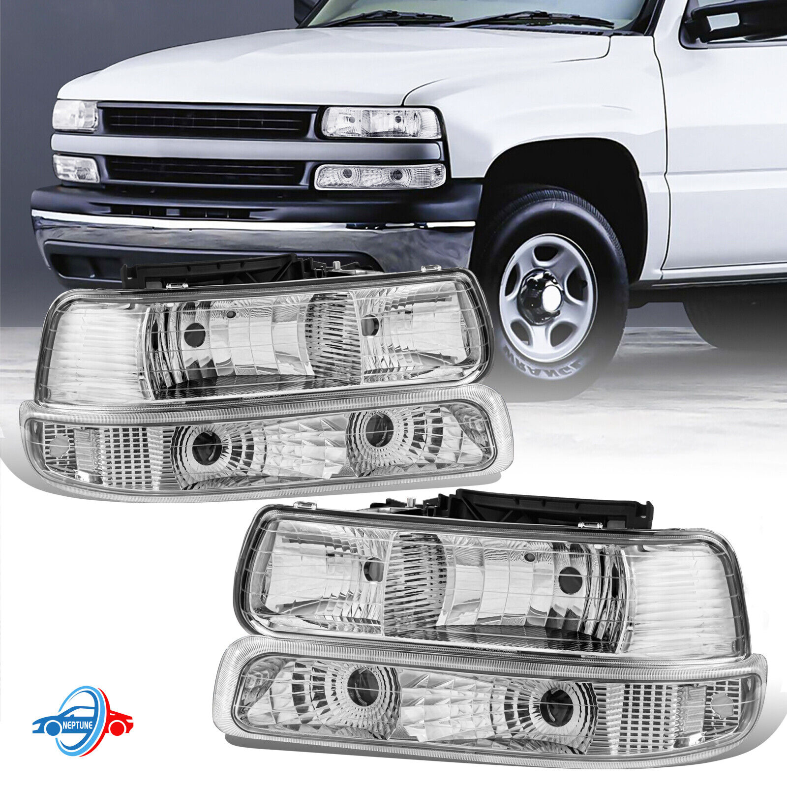 4Pcs Chrome Headlights & Bumper Lamps For Chevy Silverado Tahoe Suburban 1500