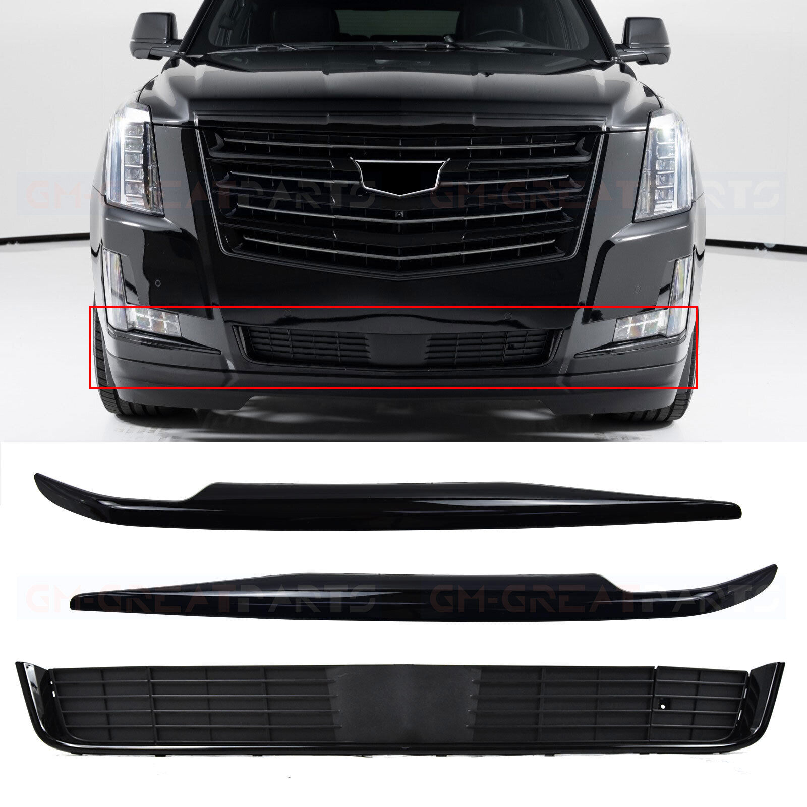 For 2015-2020 Cadillac Escalade Front Bumper Trim Set + Lower Grille Black