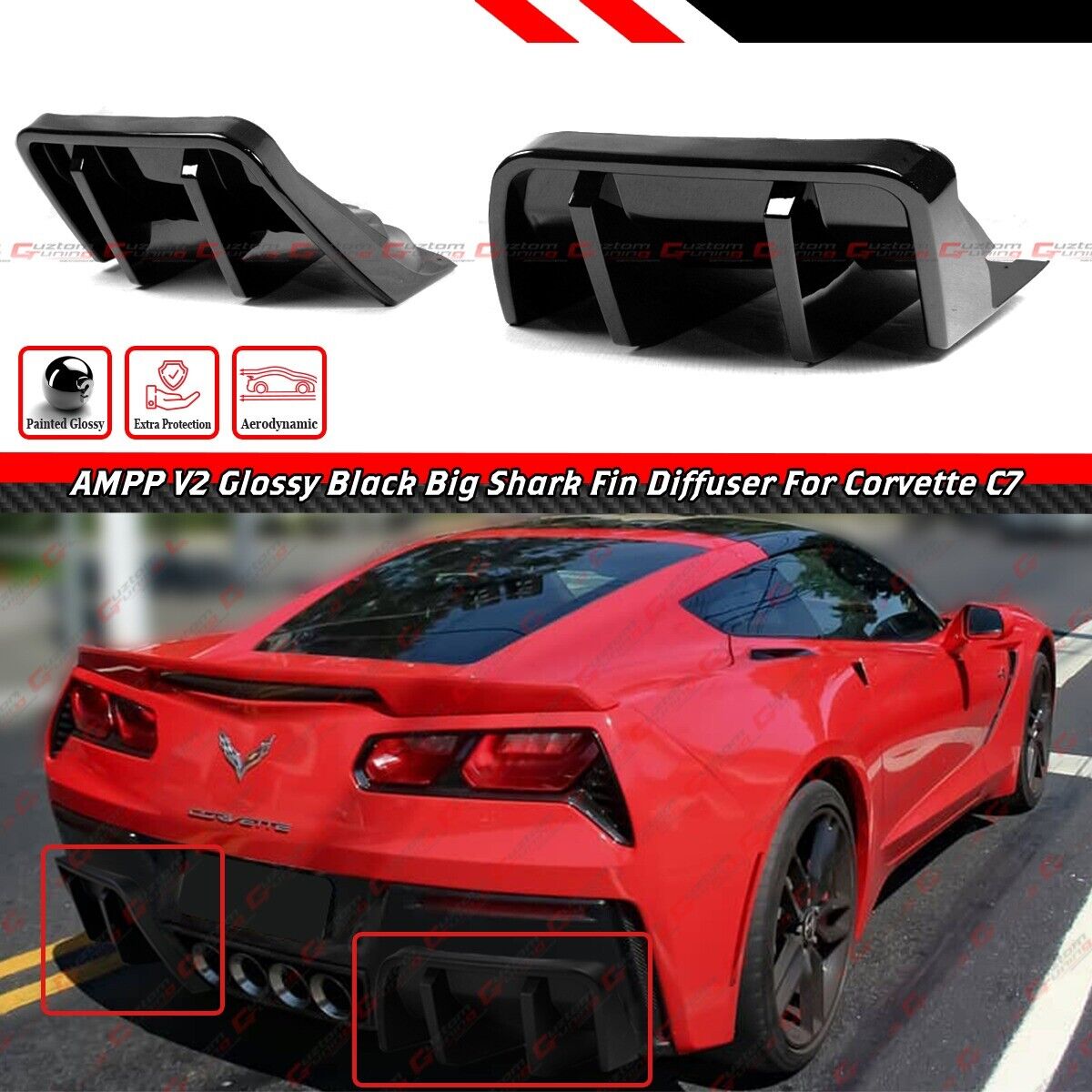 For 2014-2019 Corvette C7 Z06 STG 3 Big Fin Gloss Black Rear Bumper Diffuser Kit