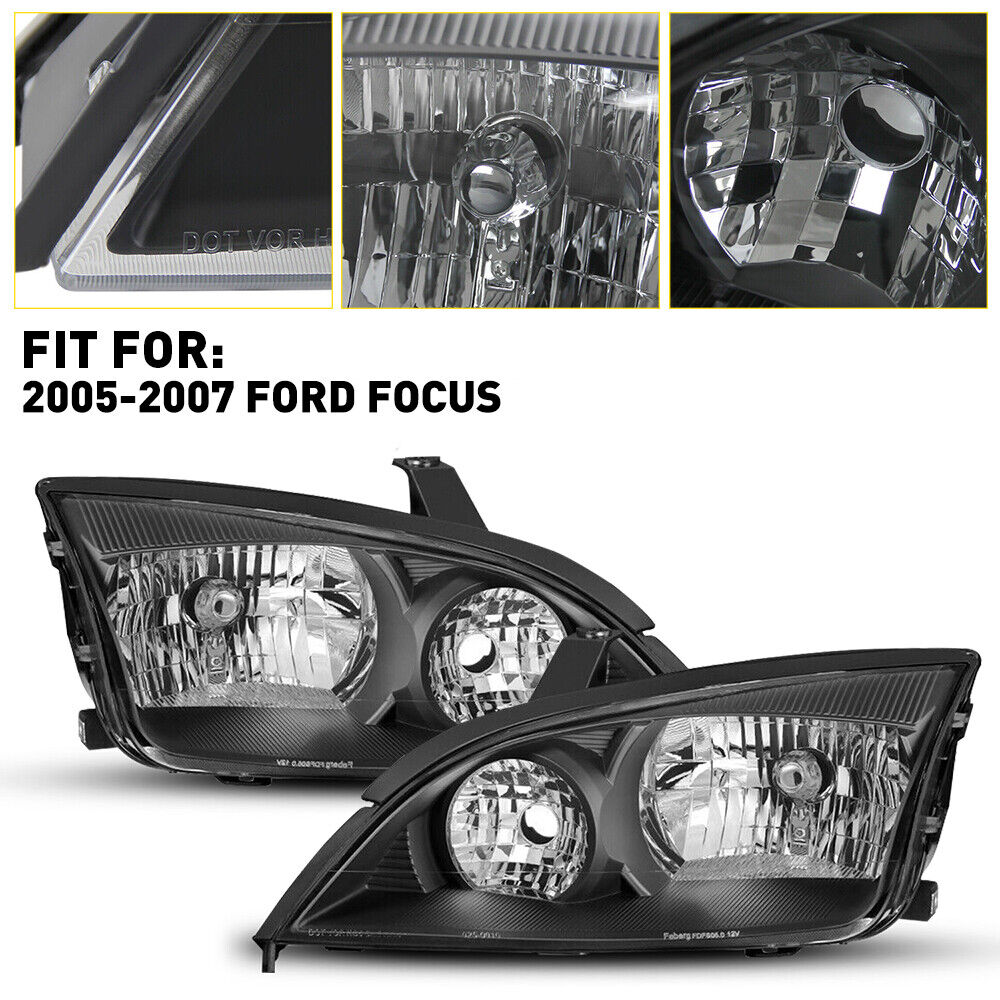 For 2005-2007 Ford Set Focus Black Headlight Halogen Driver and Passenger Side