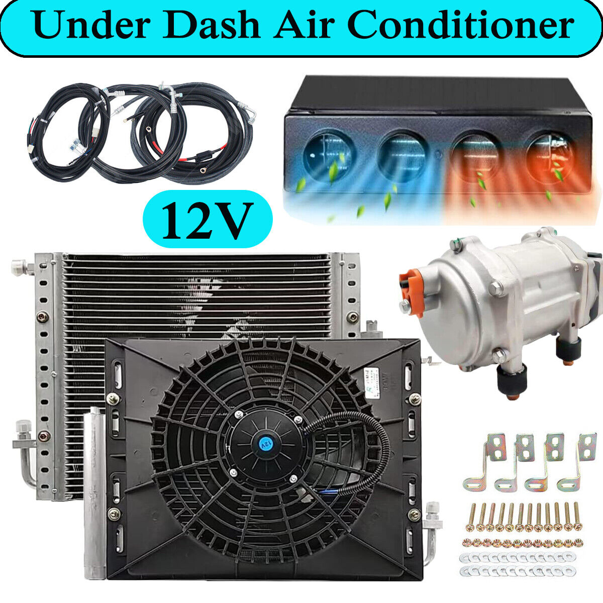 12V Universal A/C Kit Truck Cab Bus Air Conditioner Underdash 4 Vents Heat&Cool