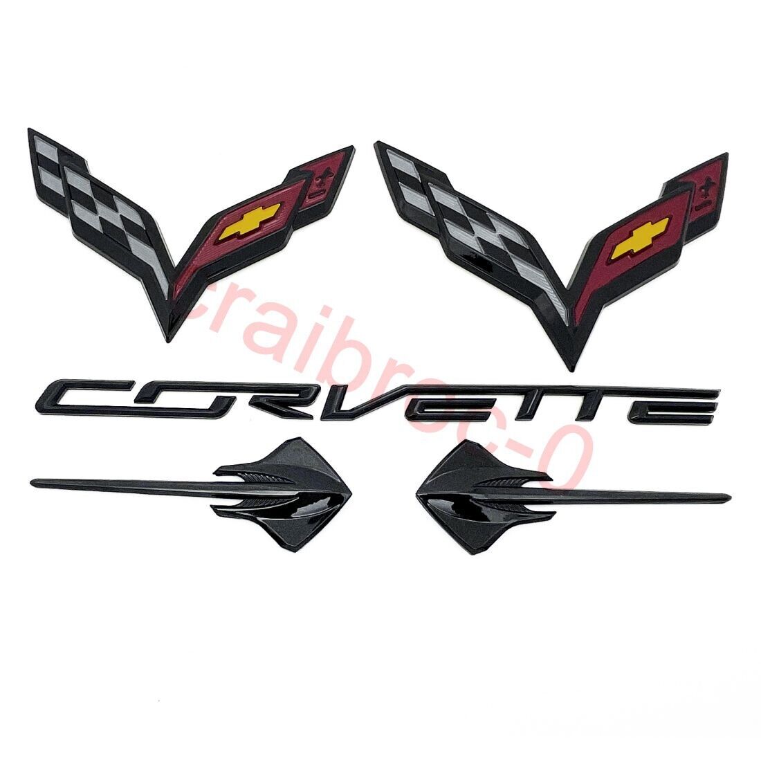 5PC Gloss Black Front Rear Stingray Cross Flags Emblem Kit 2014-2019 Corvette C7