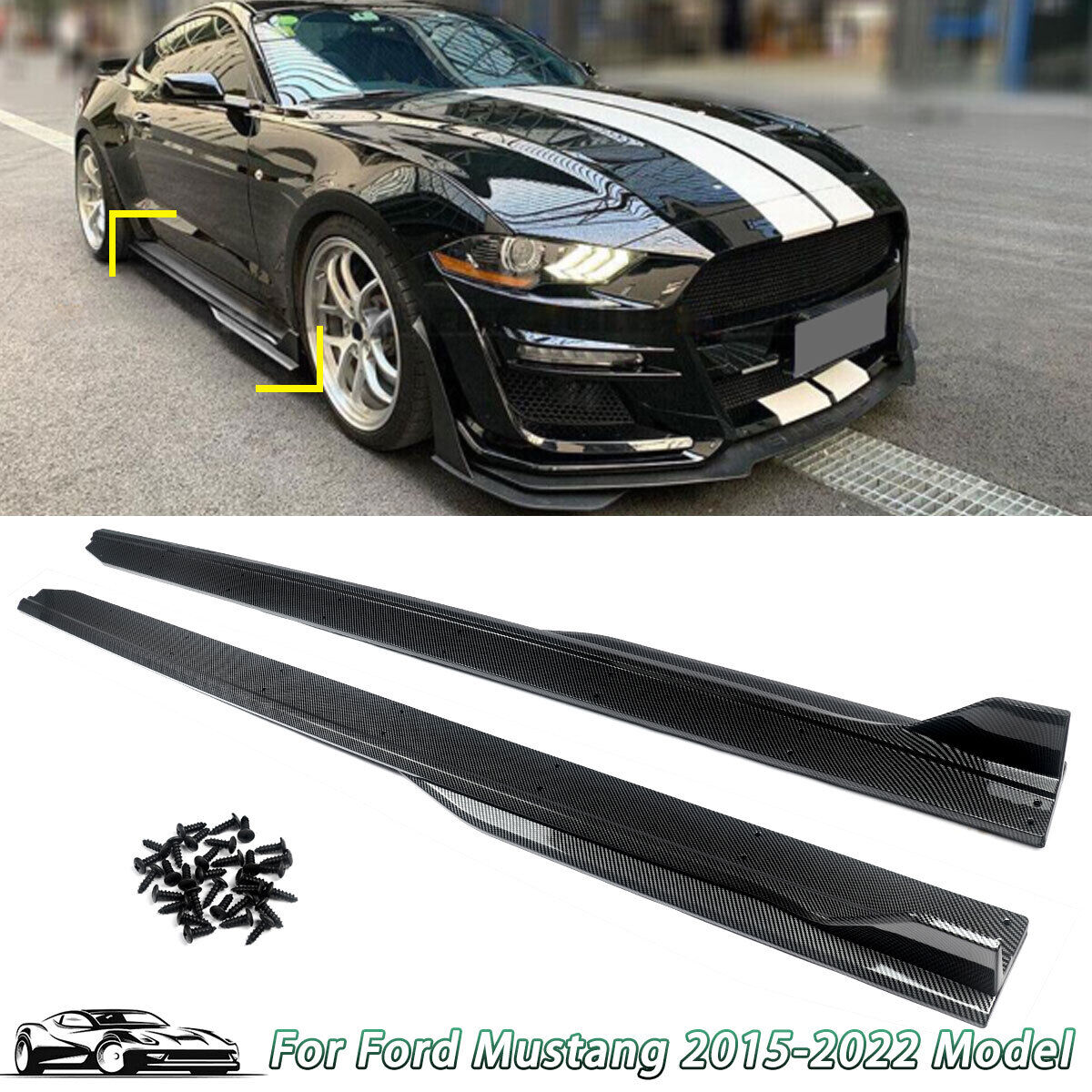 GT500 Style Side Skirt Extension Splitter Lip Fit 15-22 Ford Mustang CARBON LOOK