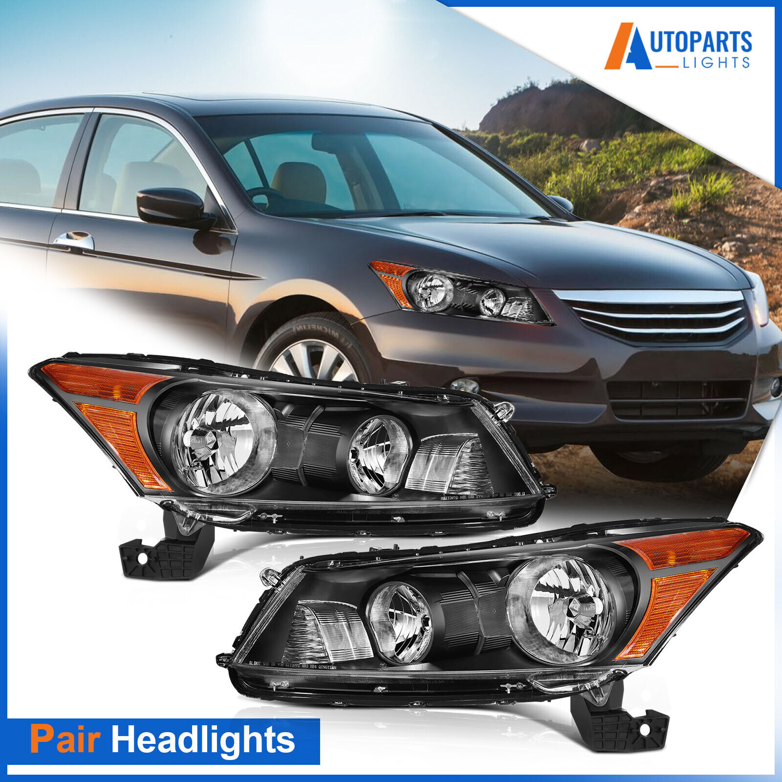 Headlights Assembly For 2008-2012 Honda Accord Sedan 4-Door Pair Black Headlamp