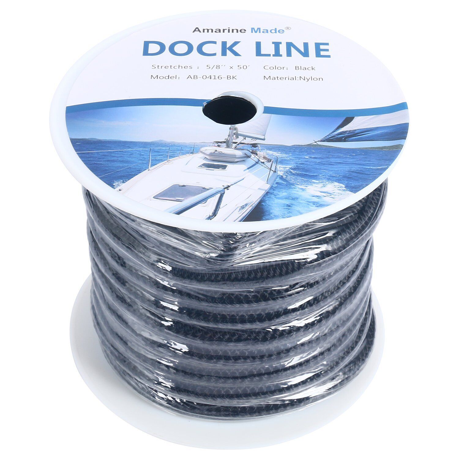 5/8 Inch 50 FT Double Braid Nylon Dock Line Mooring Rope Black, White, Blue, Red