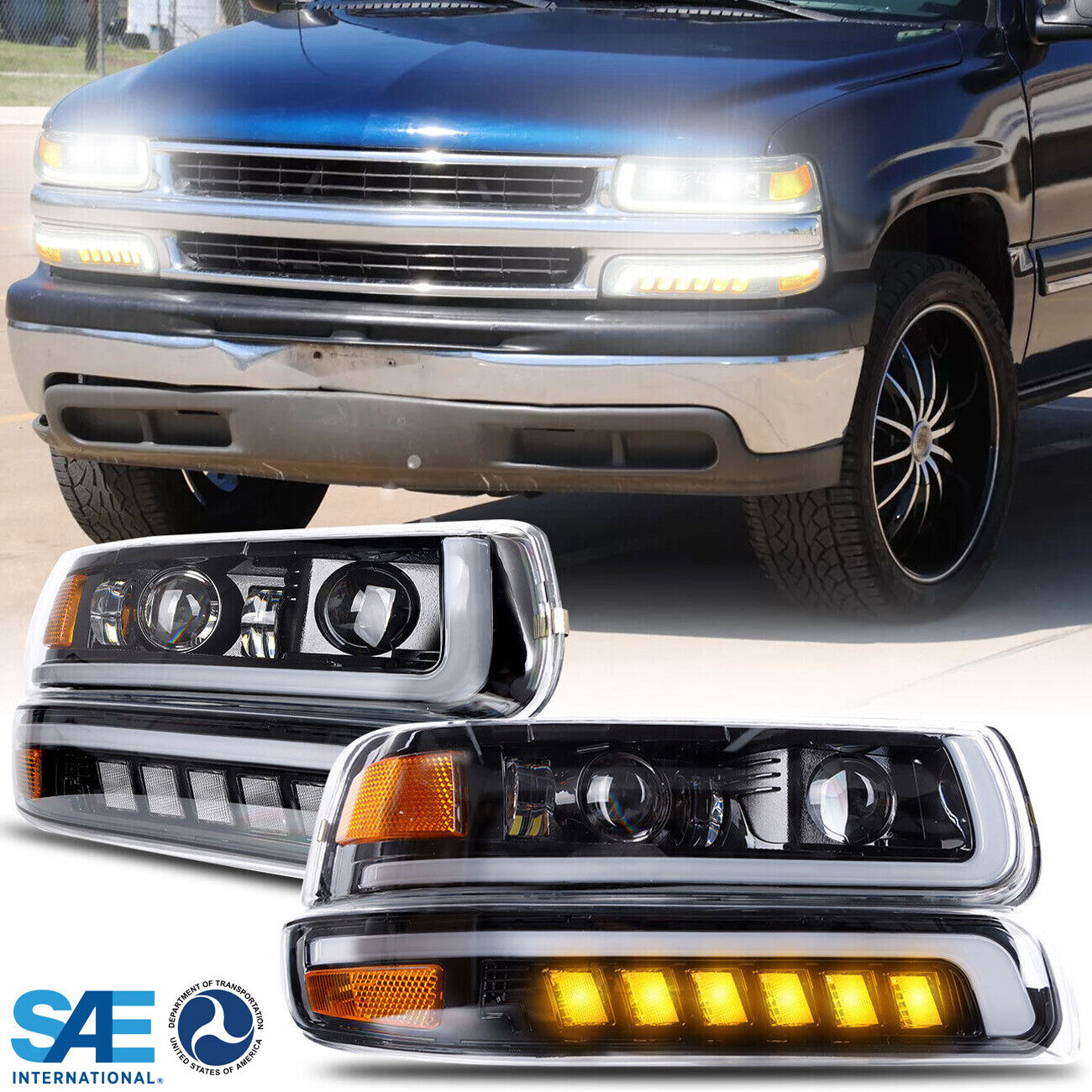 DOT LED Headlights DRL Assembly w/Bulbs For 2001-2006 Chevy Tahoe Suburban Z71