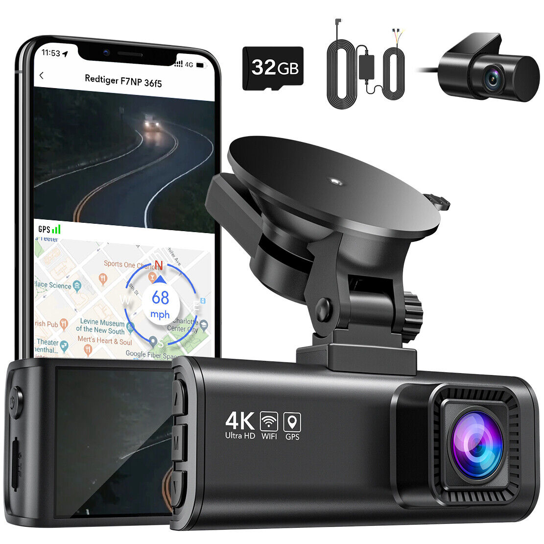 REDTIGER 4K Front and Rear Dash Cam Wifi GPS Dash Camera with Hardwire Kit