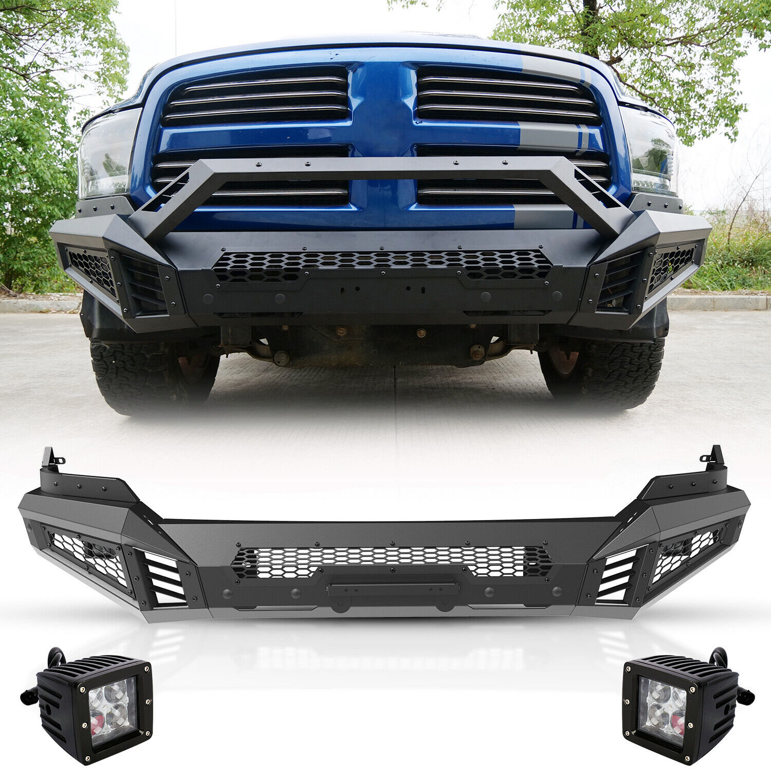 Front Rear Bumper Assembly w/LED Pod Lights+D-Rings For 2013-2018 Ram 1500 Truck