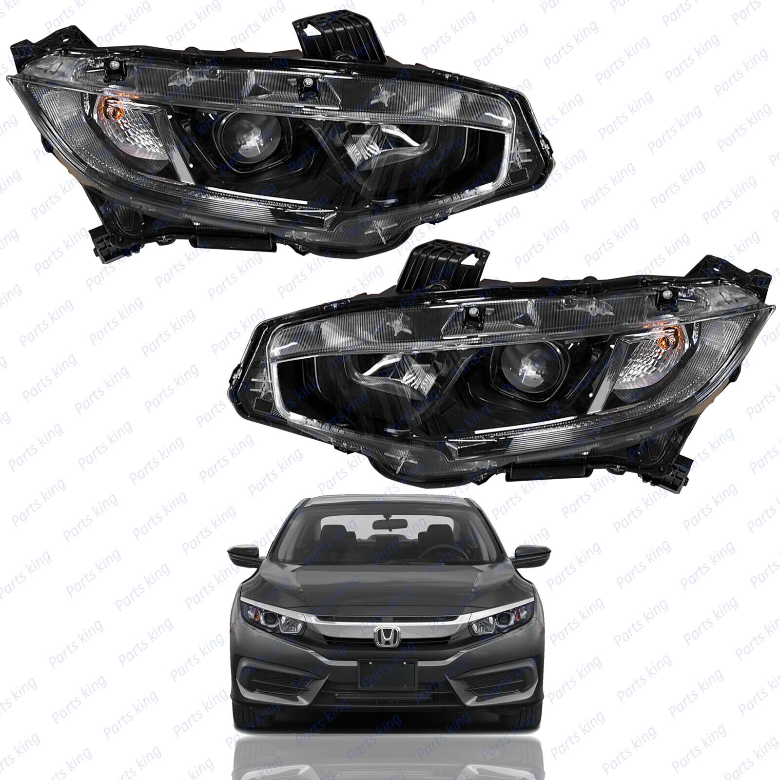 For 2016 2017 2018 2019 2020 Honda Civic Black Halogen Headlights Headlamps 2pcs