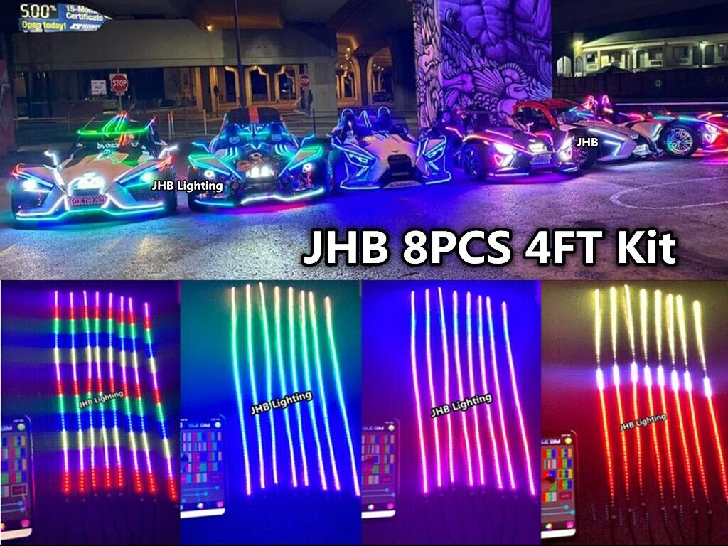 JHB 8PCS 4FT Bluetooth CHASING Flowing LED Slingshot IP68 Strips Hood Lights Kit