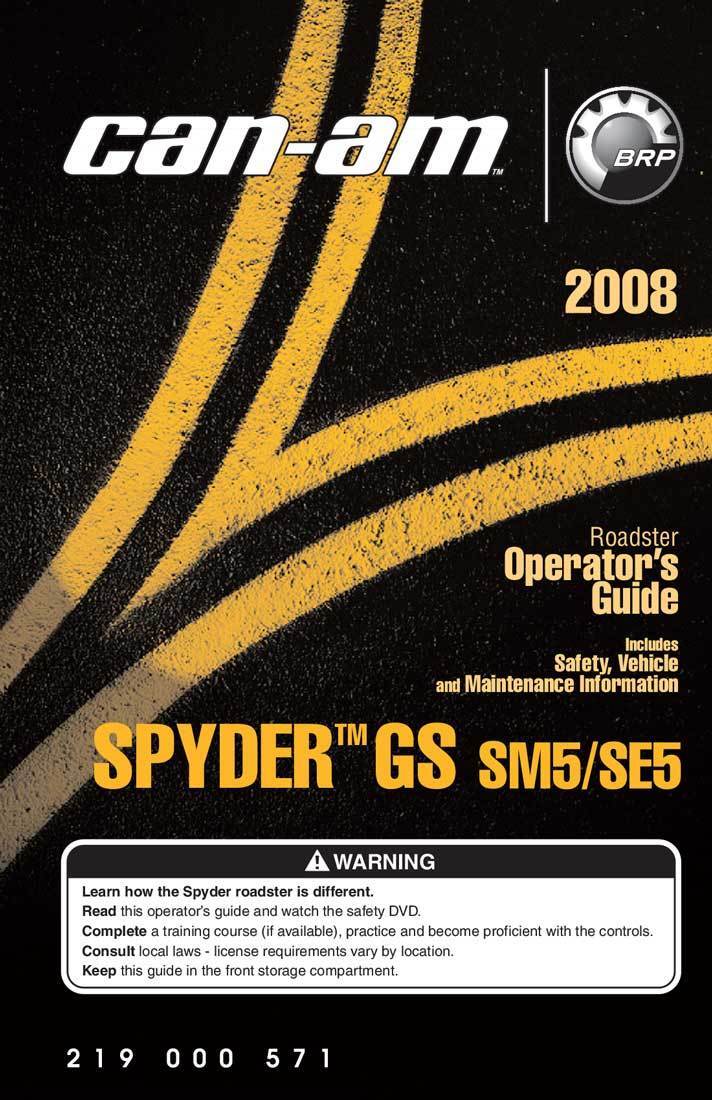 New Can-Am Spyder 2008 GS SM5 SE5 Roadster Owners Operators Manual Paperback