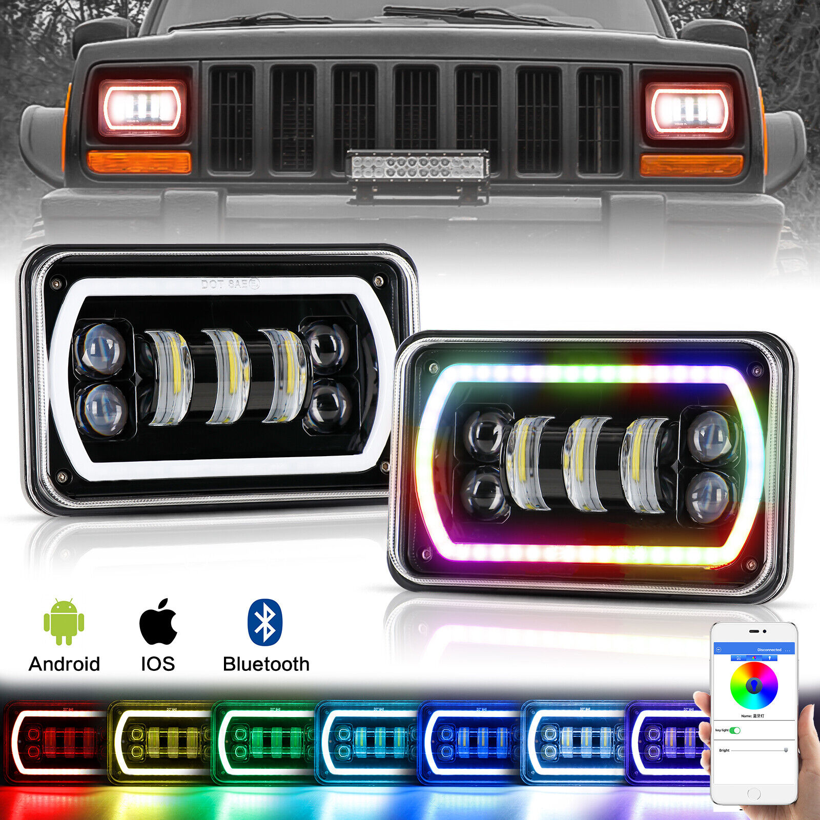 2PCS 4x6'' INCH RGB LED Headlights Hi/Low DRL Beam for Dodge Dakota 1987-1995