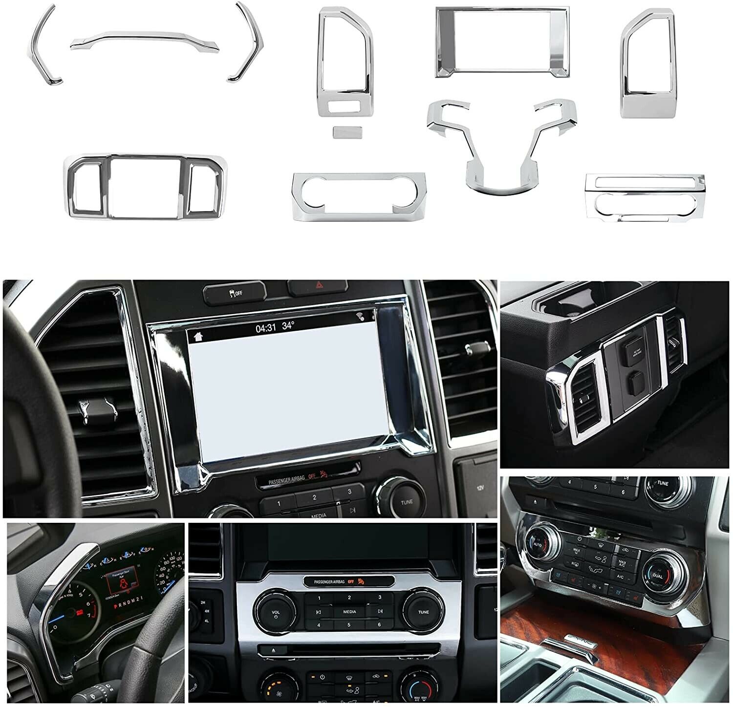 11 pc. Set Molded Chrome Dashboard Trim Cover Bezel For 17-21 Ford F250 F350