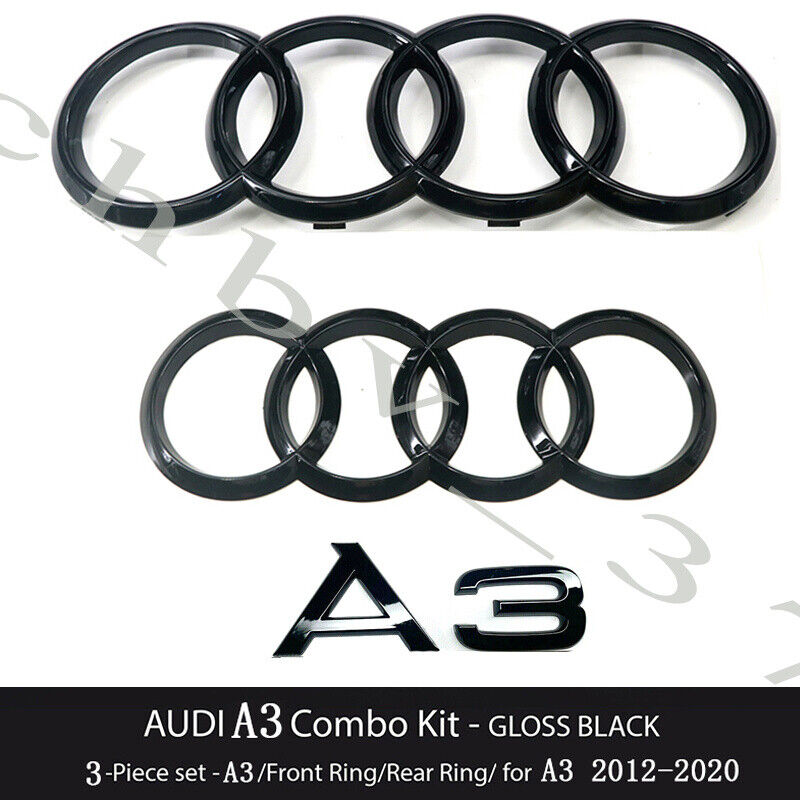 Audi A3 Front Rear Rings Emblem Gloss Black Trunk Logo Badge Set OE 3P 2012-2020