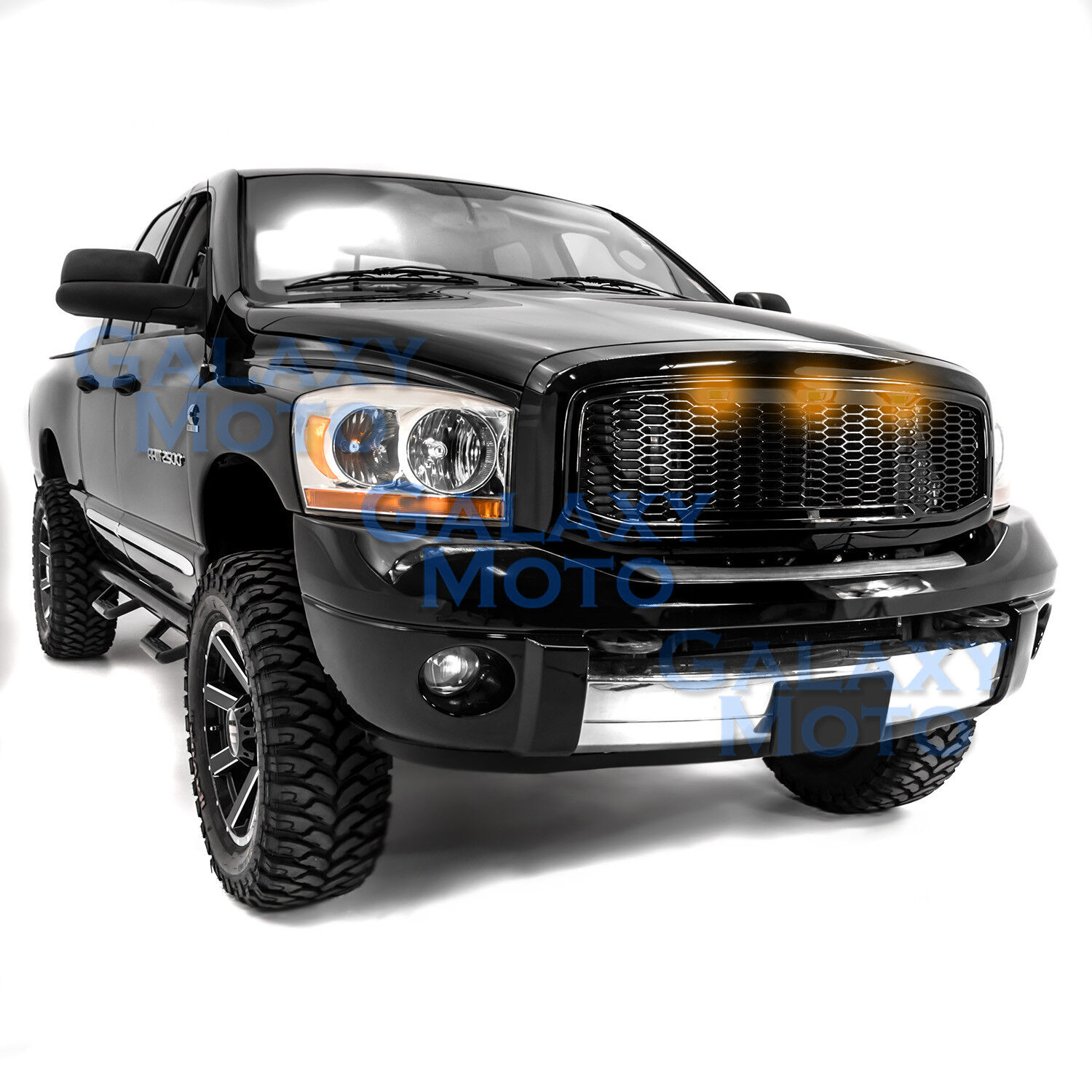 Raptor Gloss Black Replacement Mesh Grille+Shell+Amber LED for 06-09 Dodge RAM