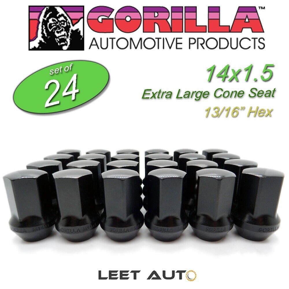(24) Gorilla Lug Nuts, Factory Style Bulge, 14mm x 1.50, Black, 14x1.5 61148FSBC