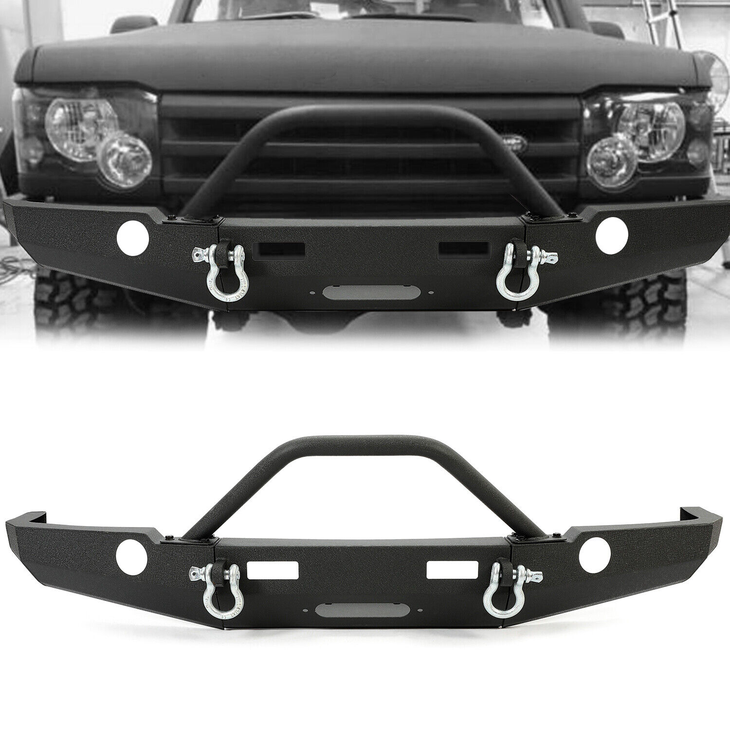 For 1998-2004 Land Rover Discovery II Front Black Winch Bumper With Bull Bar