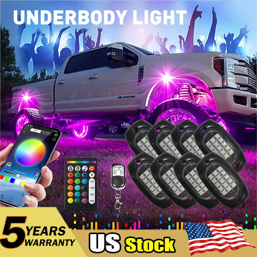 RGB LED Rock Lights For Jeep Off-Road Truck UTV ATV 8Pods Underbody Wheel Light