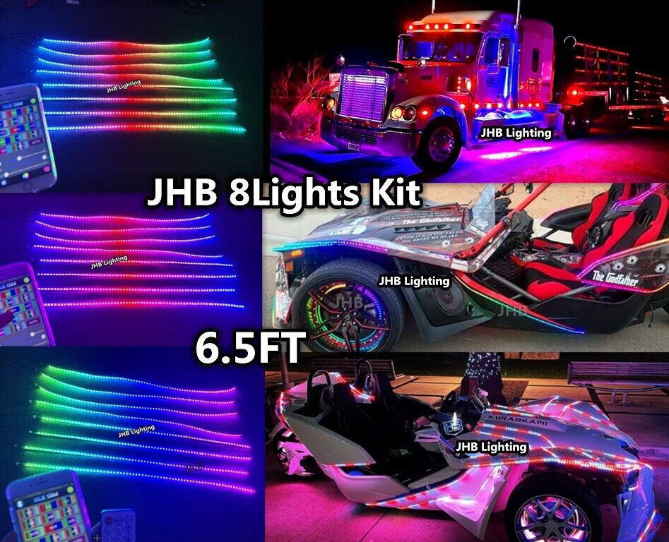 JHB 8PCS 6.5FT Bluetooth CHASING Flowing LED Hood Underglow Strips Lights Kit