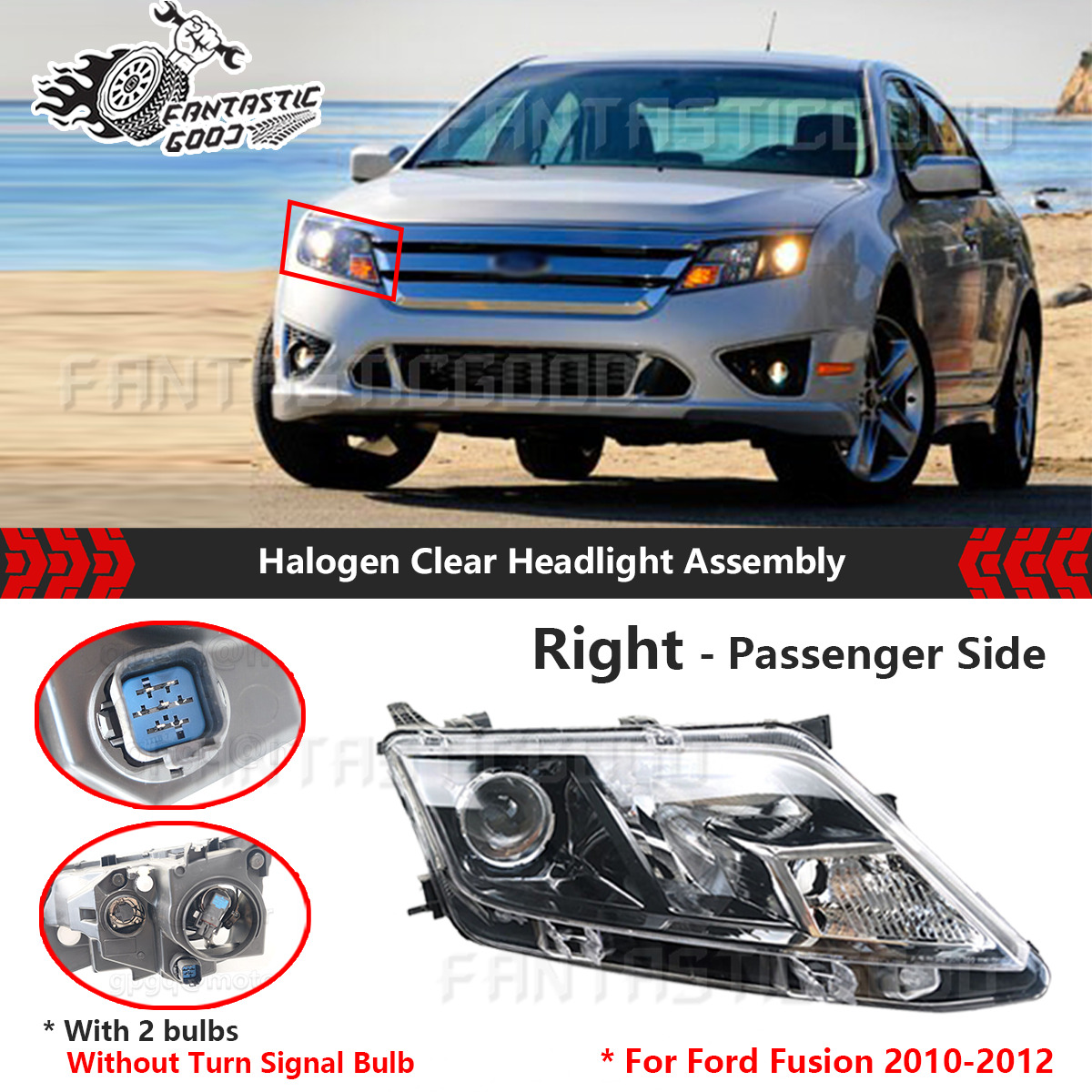 For Ford Fusion 2010-12丨Right Passenger Side Headlight Headlamp Halogen W/2Bulbs