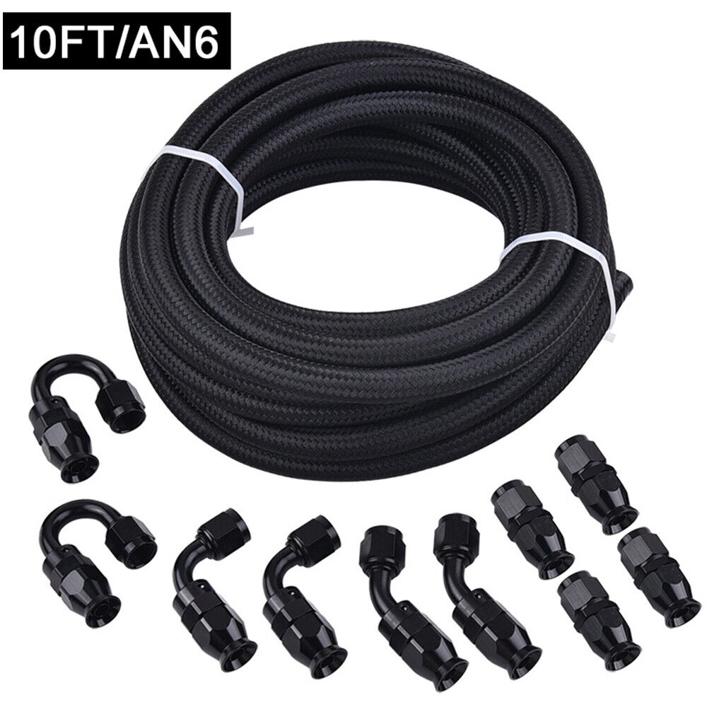 6AN 8AN 10AN 10FT Nylon Stainless Braided E85 PTFE Fuel Line w/10x Fittings Hose