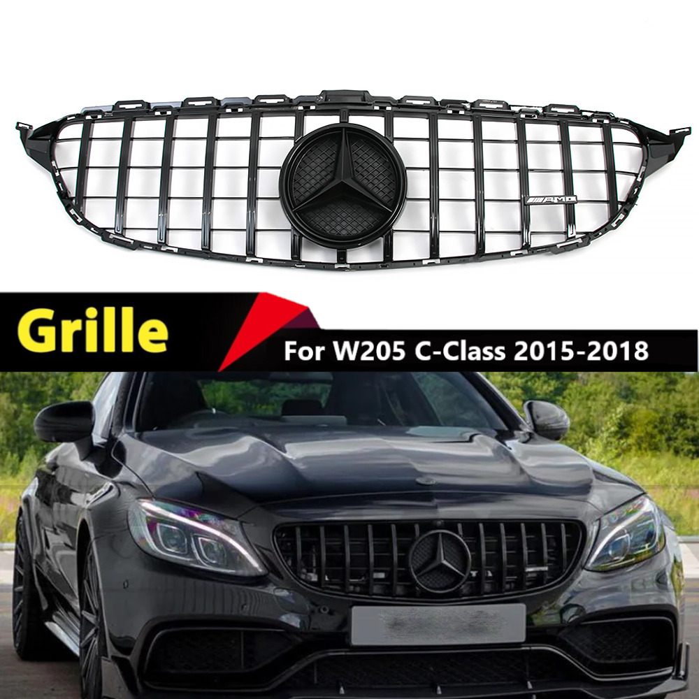 Glossy Black GTR Grille For Mercedes Benz W205 C-Class C250 C300 C43 AMG 2015-18