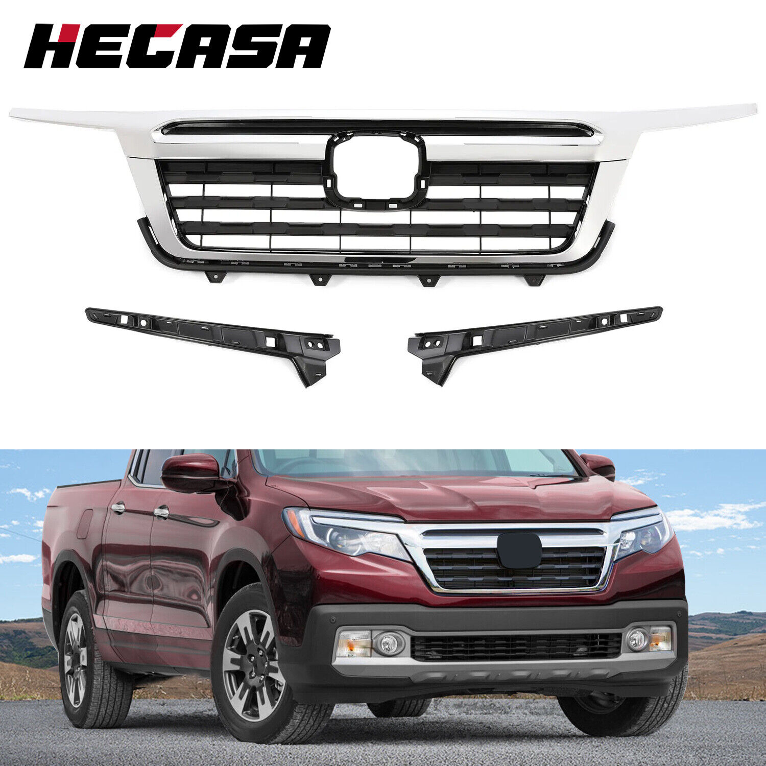 HECASA For Honda Ridgeline 2017 2018 2019 2020 Front Upper Grille Black & Chrome