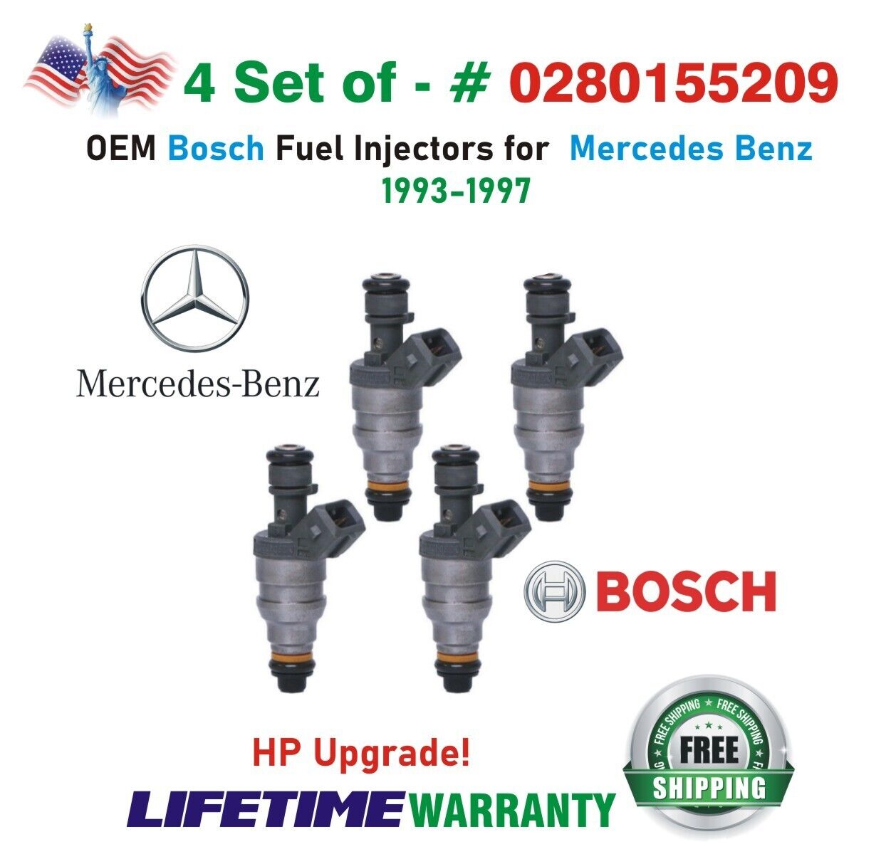 Genuine Bosch 4Pcs HP Upgrade Fuel Injectors for 1993-1997 Mercedes Benz I4 & I6