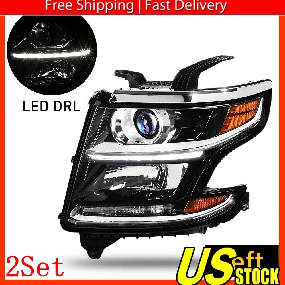LH Driver Side Fit 15-20 Chevy Suburban Black Projector Headlight LED Tube 2Set