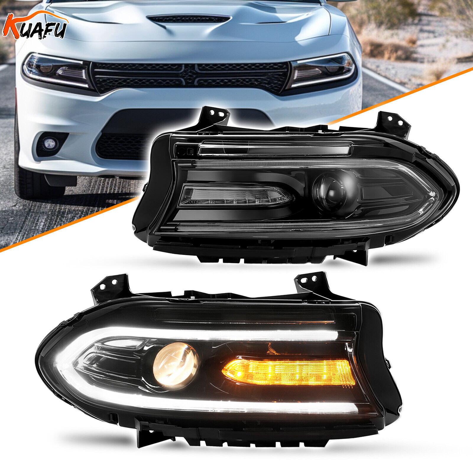 KUAFU For Dodge Charger 2015-2022 2023 Headlights LED DRL Left & Right Headlamps