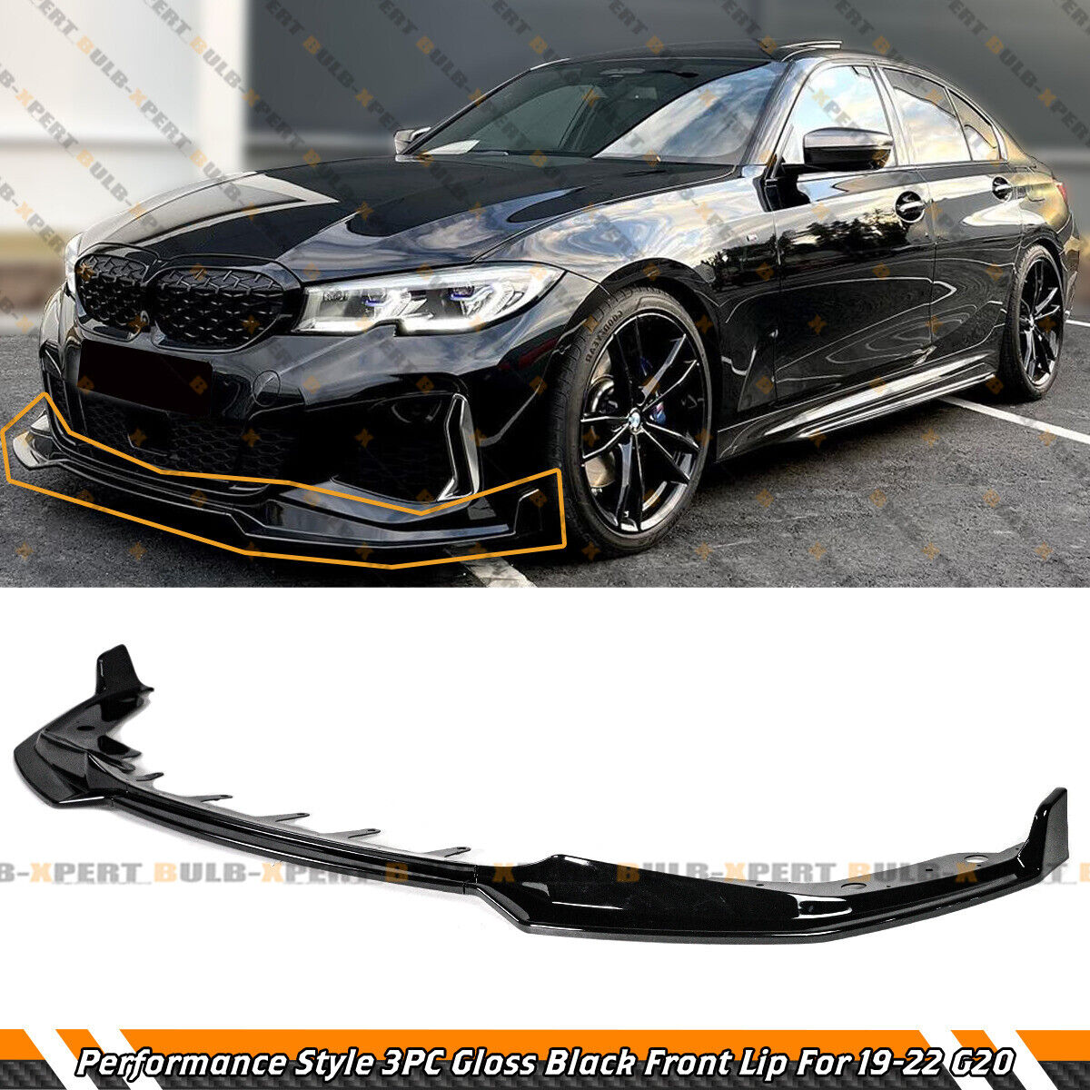 For 2019-2022 BMW G20 330i M340i Performance 3pc Glossy Black Front Bumper Lip
