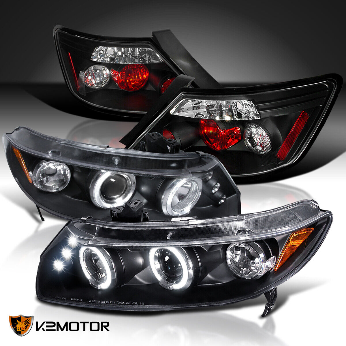 Fits 2006-2011 Honda Civic 2Dr Black LED Halo Projector Headlights+ Tail Lamps