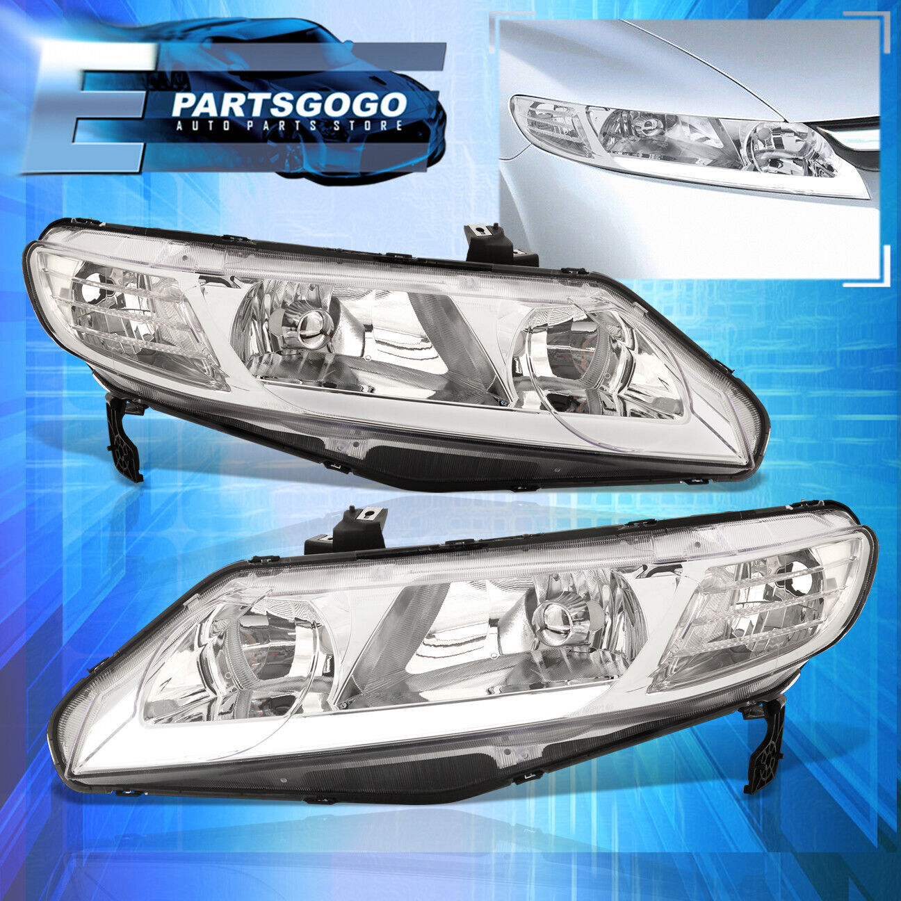 For 06-11 Honda Civic FA Sedan 4DR JDM Chrome LED DRL Headlights Lamps Set LH+RH