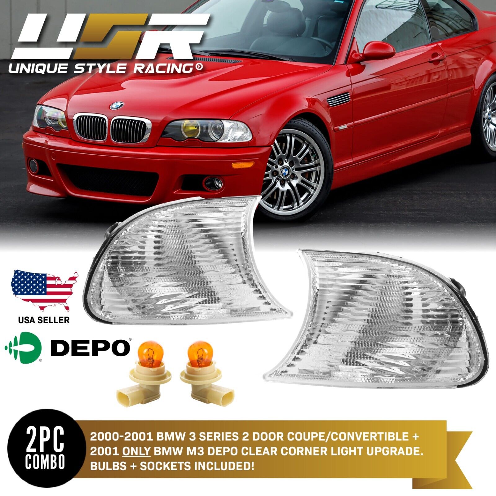DEPO Clear Clip-On Corner Light Signal For 00-01 BMW E46 2DR Coupe / Convertible