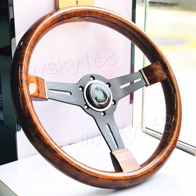 355mm JDM  Nardi Solid Wooden Silver Chrome Spoke Racing Steering Wheel Brown