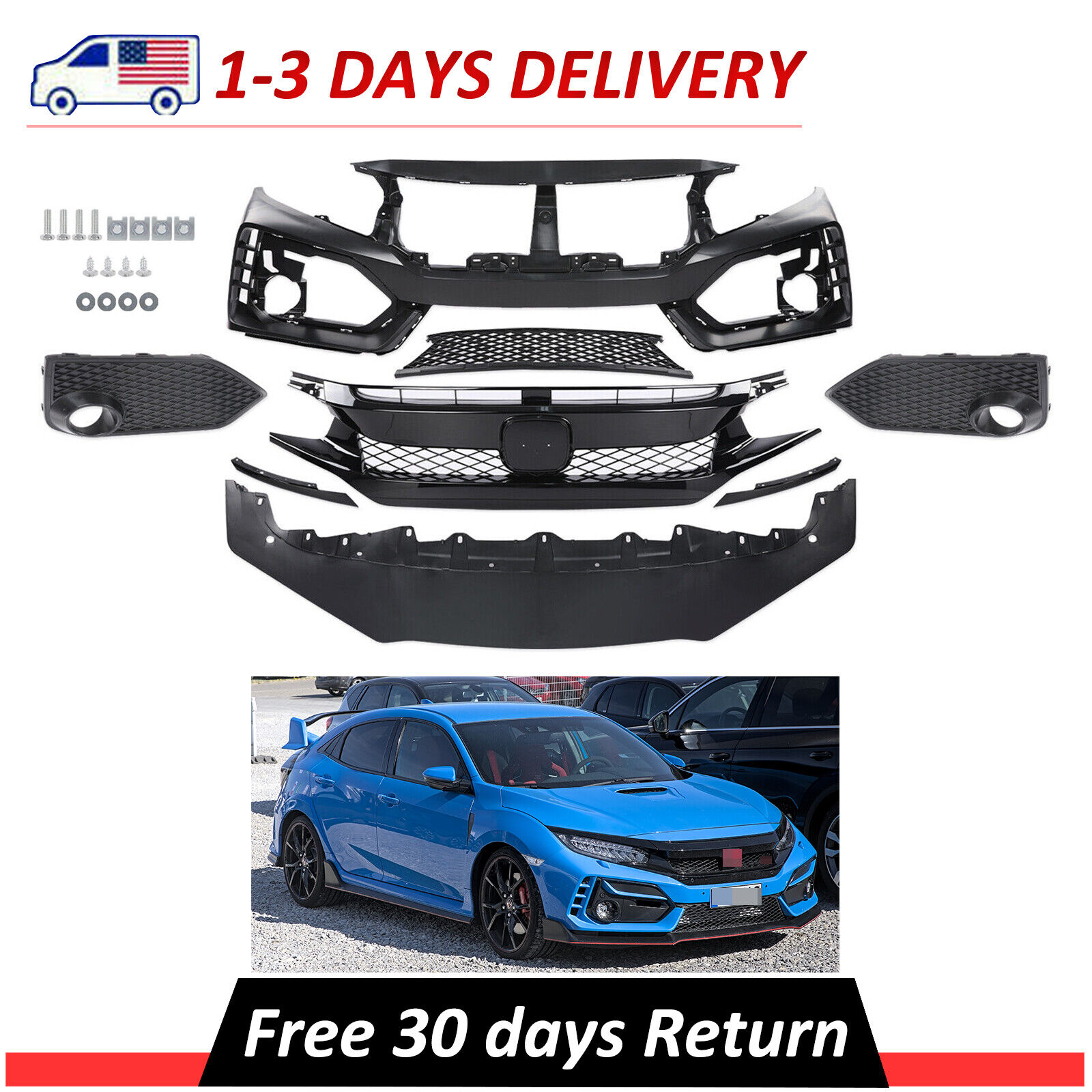 For 2016-2021 Honda Civic Type R Style Front Bumper Cover Kit with Grille & Lip