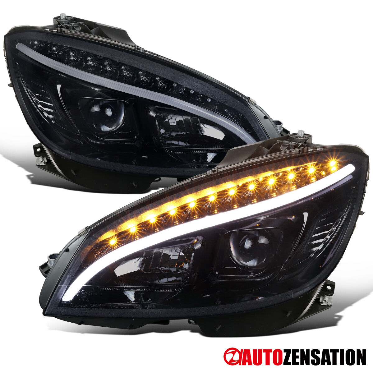 Fit 2008-2011 Benz W204 C-Class Black Smoke LED Strip Projector Headlights Lamps