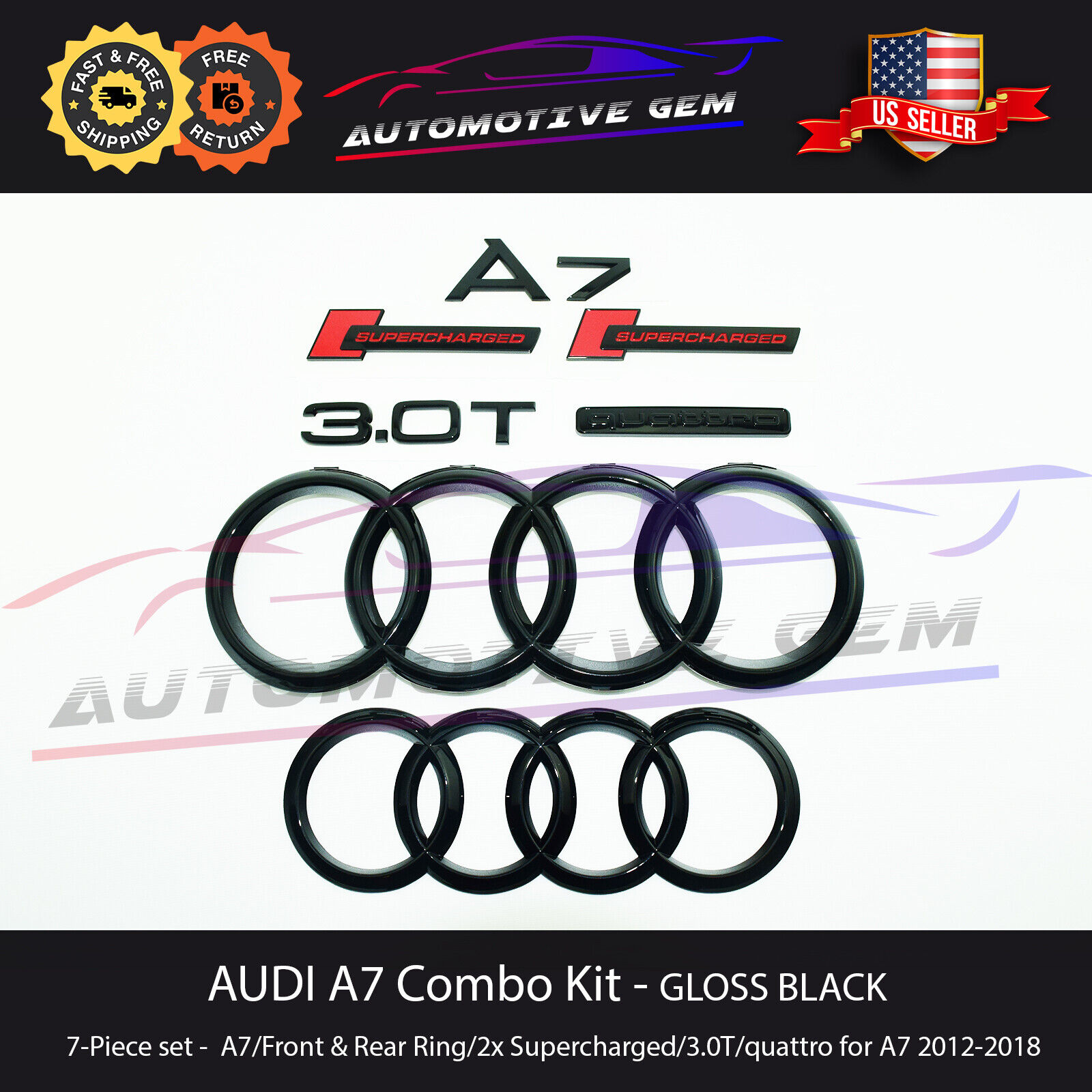 AUDI A7 Emblem BLACK Front Grille Rear Trunk Ring Supercharged 3.0T Quattro Set