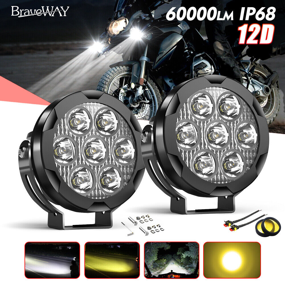 Pair Yellow White Motorcycle LED Spot Light Auxiliary Headlight Fog Driving Lamp