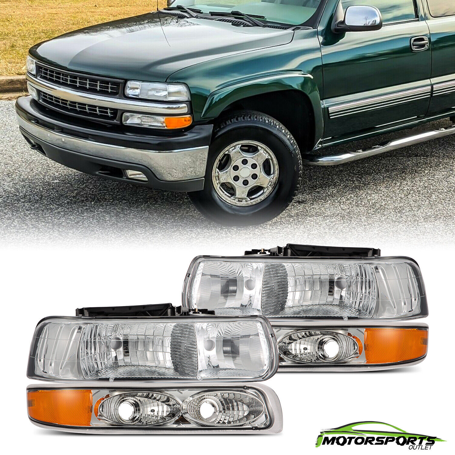 Fit 1999-2002 Chevy Silverado Chrome Headlights Assembly+Signal Bumper Lights