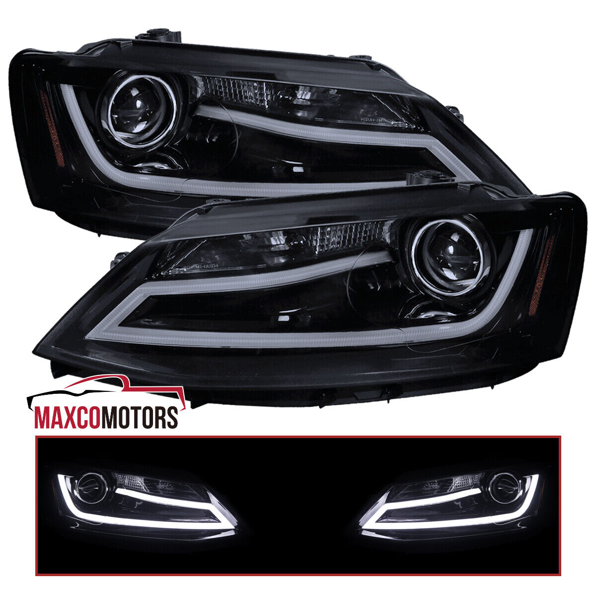 Smoke Projector Headlights Fits 2011-2014 Volkswagen Jetta MK6 LED Strip Pair