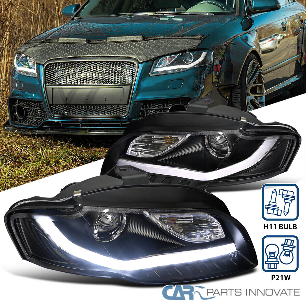 Fits 2006-2008 Audi A4 Black Projector Headlights Driving Headlamps LED Strip