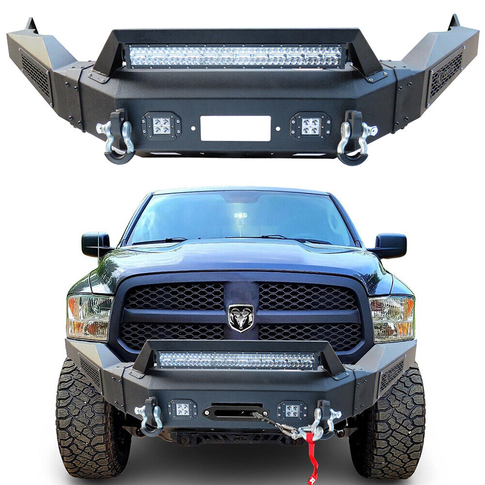 For 2013-2018 Dodge RAM 1500 Steel Texture Black Front Bumper w/4xLED Lights