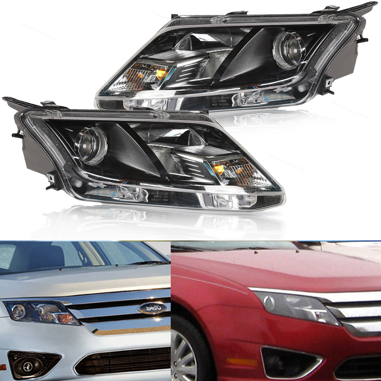 2Pc Headlight  Set For 2010-2012 Ford Fusion Left and Right Black Housing