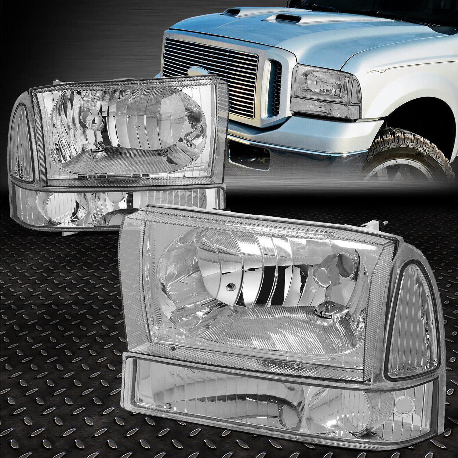 FOR 99-04 FORD F250 F350 SUPER DUTY CHROME HOUSING CLEAR CORNER HEADLIGHT LAMPS