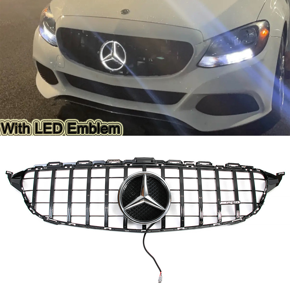 GT-R Style Front Grill Grille W/LED Emblem for Mercedes Benz W205 C250 C300 C400