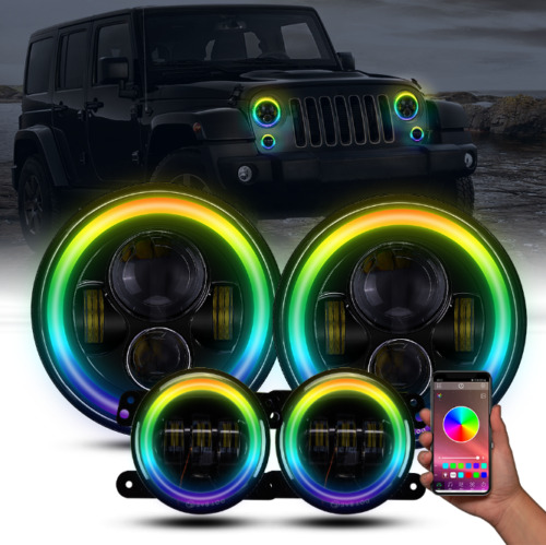7'' RGB LED Halo Angel Eyes Headlights Fog Lights Combo Kit for Jeep Wrangler JK