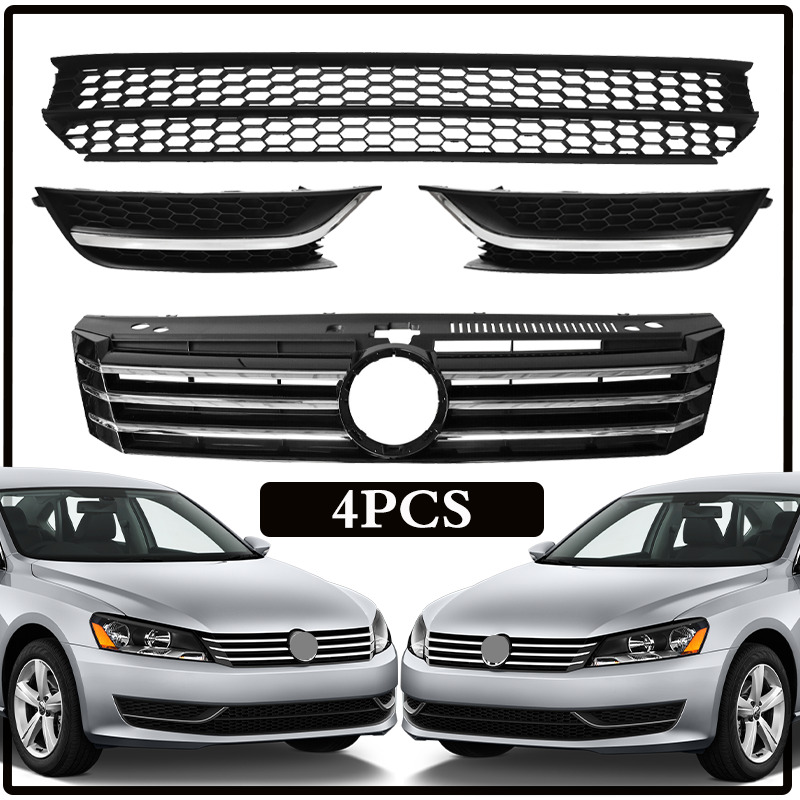 FOR 2012-2015 VW Passat Front Bumper Upper/Lower Grille & Fog Light Bezel Cover